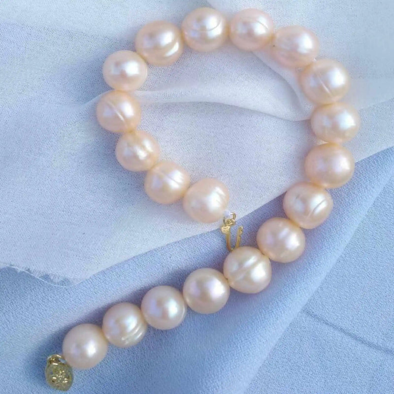 Pink Pearl Bead Bracelet 14k Yellow Gold Glowing Christmas Gift