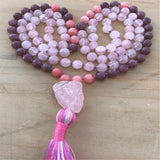 8mm Natural Rose Quartz 108 Beads Tassel Knotted Necklace