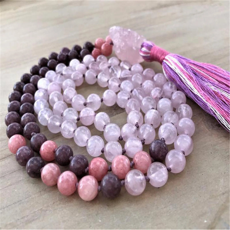 8mm Natural Rose Quartz 108 Beads Tassel Knotted Necklace