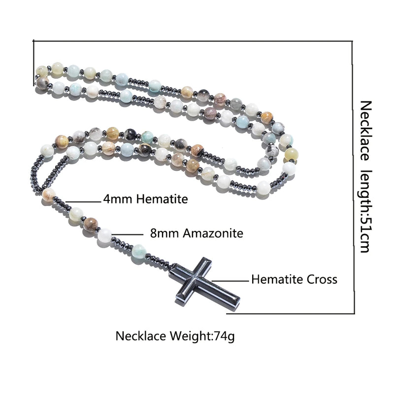 8mm Hematite Cross Pendant Necklace for Men Women