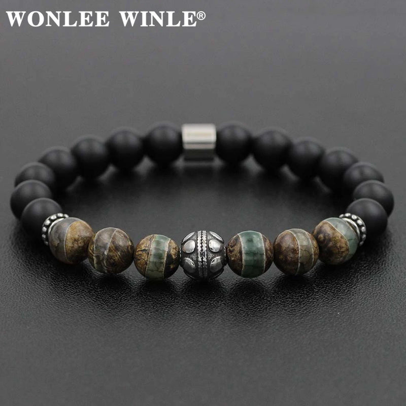 8mm Natural Stone Beaded Bracelets with Stainless Steel Charms