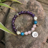 8mm Natural Stone Beads Prayer Bracelet, Dark Amethyst, Rose Quartz