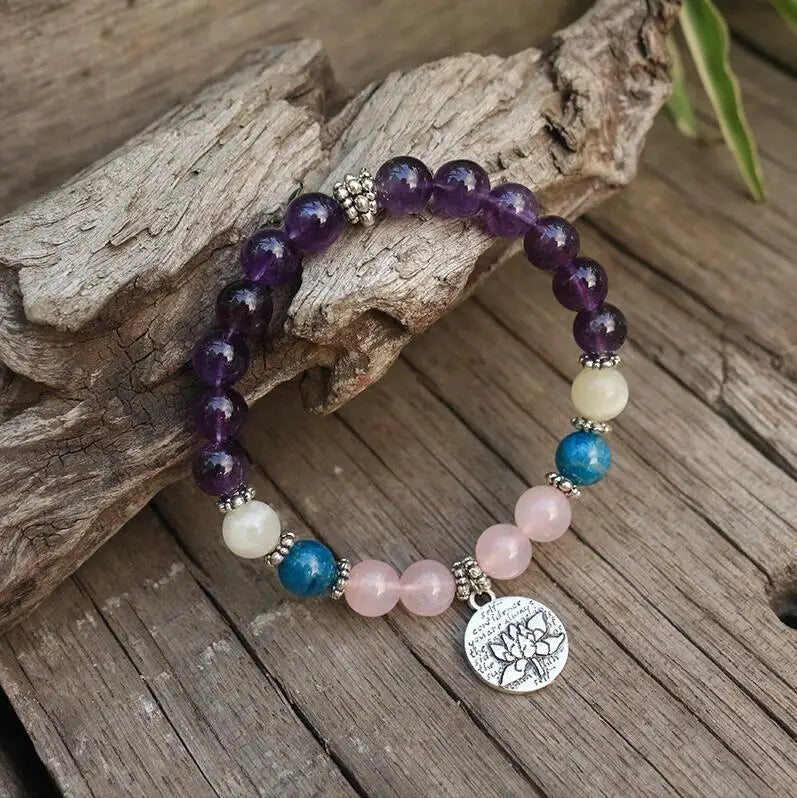 8mm Natural Stone Beads Prayer Bracelet, Dark Amethyst, Rose Quartz