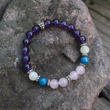 8mm Natural Stone Beads Prayer Bracelet, Dark Amethyst, Rose Quartz