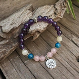 8mm Natural Stone Beads Prayer Bracelet, Dark Amethyst, Rose Quartz