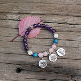 8mm Natural Stone Beads Prayer Bracelet, Dark Amethyst, Rose Quartz
