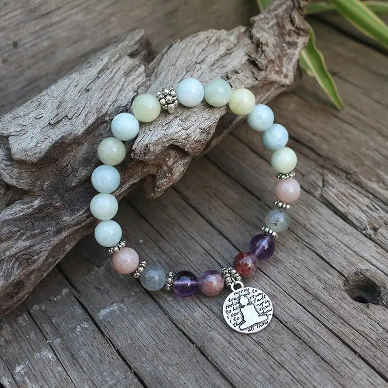 8mm Natural Stone Beads Prayer Bracelet, Dream Aquamarine, Labradorite