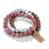 3Pcs Natural Stone Bracelet Set Rhodonite Rose Pink Quartz Moonstone Amethyst
