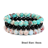 8mm Natural Stone Bracelet Sets for Couples, 3pcs/set Elastic Bangles