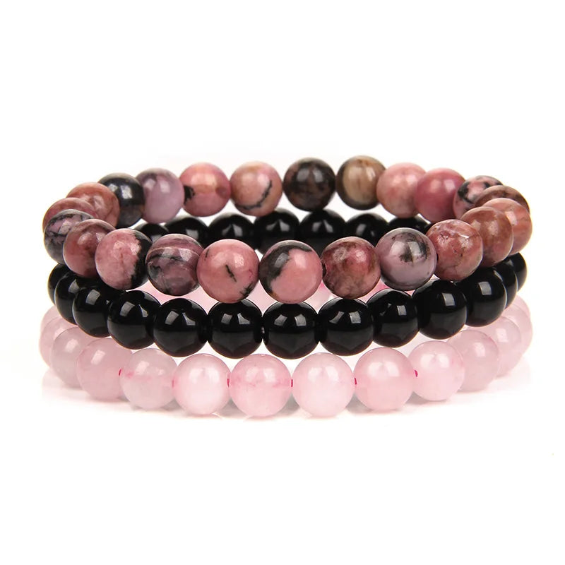 8mm Natural Stone Bracelet Sets for Couples, 3pcs/set Elastic Bangles