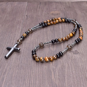8mm Natural Stones Hematite Cross Catholic Rosary Men's Necklace