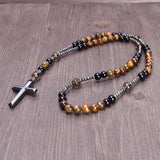 8mm Natural Stones Hematite Cross Catholic Rosary Men's Necklace