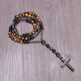 8mm Natural Stones Hematite Cross Catholic Rosary Men's Necklace