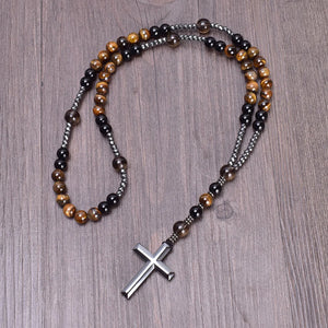 8mm Natural Stones Hematite Cross Catholic Rosary Men's Necklace