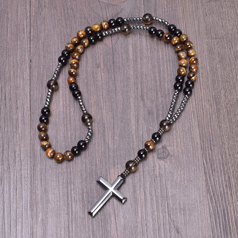8mm Natural Stones Hematite Cross Catholic Rosary Men's Necklace