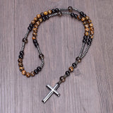 8mm Natural Stones Hematite Cross Catholic Rosary Men's Necklace