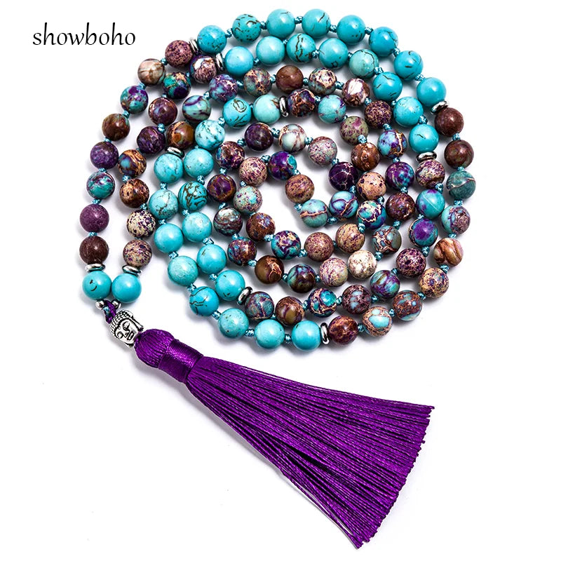 8mm Turquoise Violet Jasper 108 Japamala Necklace