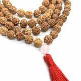Rudraksha Rose Quartz Meditation Necklace with All Saints' Tassel