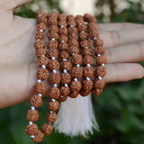 8mm Natural Brown Rudraksha 108 Knot Necklace Healing Pray Blessing Spread