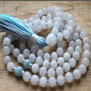 8mm Knot Aquamarine Gemstone Beads Tassel Necklace Bohemian Chakra Style