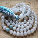 8mm Knot Aquamarine Gemstone Beads Tassel Necklace Bohemian Chakra Style