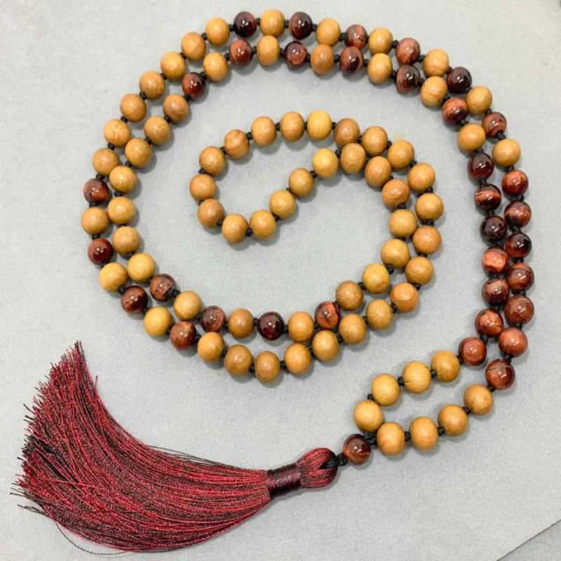8mm Tiger's Eye Gemstone Wooden Beads Necklace for Healing Yoga