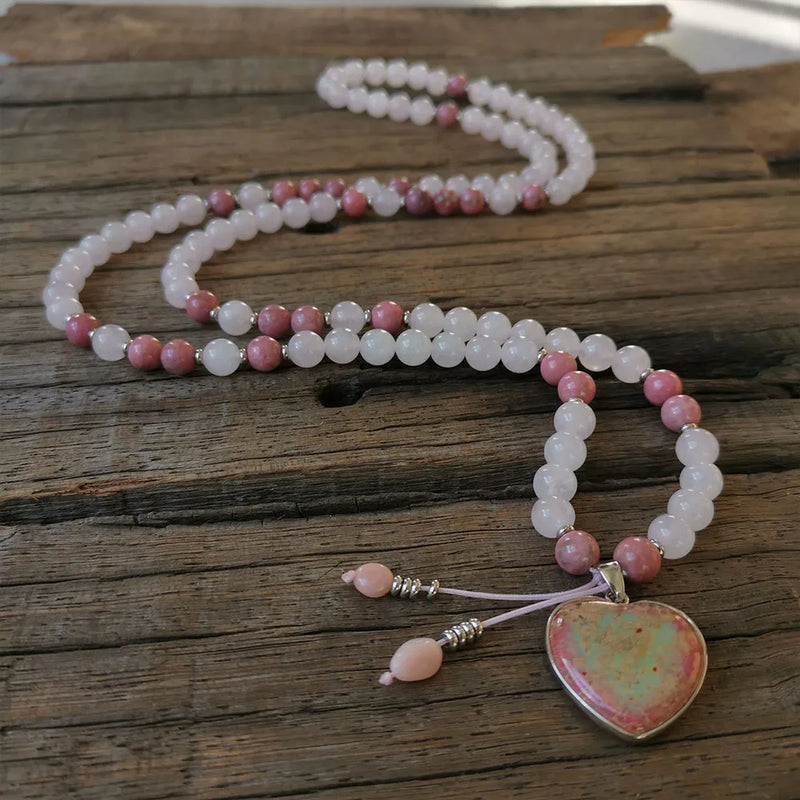 Pink Variscite Pendant Rose Quartz Beads Rhodonite Bracelet