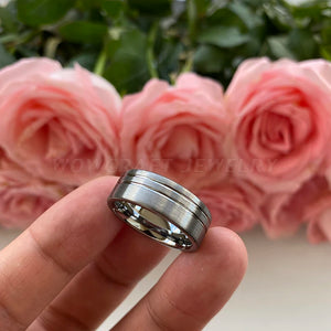 8mm Carbide Wedding Band with Offset Lines Comfort Fit Classic Ring