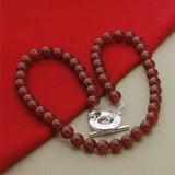8mm Red Agate Beaded Chain Necklace 925 Silver OT Buckle for Women