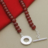 8mm Red Agate Beaded Chain Necklace 925 Silver OT Buckle for Women