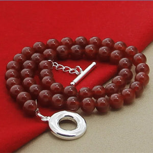8mm Red Agate Beaded Chain Necklace 925 Silver OT Buckle for Women