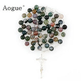 Catholic Natural Stone Rosary Necklace with Silver Cross