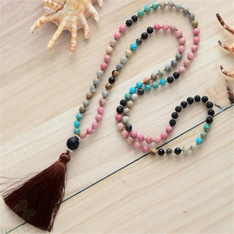 8mm Rhodochrosite 108 Buddha Beads Tassels Necklace chain