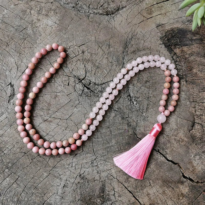 8mm Rhodonite, Dyed Rose Quartz JapaMala, Pink Mala, Namaste Yoga Jewelry