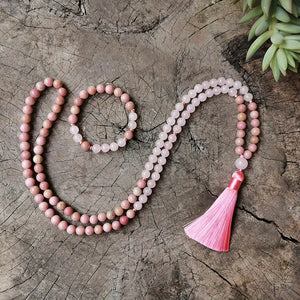 8mm Rhodonite, Dyed Rose Quartz JapaMala, Pink Mala, Namaste Yoga Jewelry