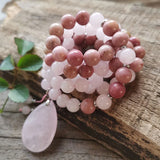 8mm Rhodonite & Rose Quartz Stone Beads with Pendant - Healing Jewelry