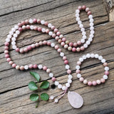 8mm Rhodonite & Rose Quartz Stone Beads with Pendant - Healing Jewelry