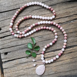 8mm Rhodonite & Rose Quartz Stone Beads with Pendant - Healing Jewelry