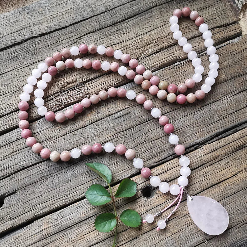8mm Rhodonite & Rose Quartz Stone Beads with Pendant - Healing Jewelry