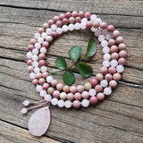 8mm Rhodonite & Rose Quartz Stone Beads with Pendant - Healing Jewelry