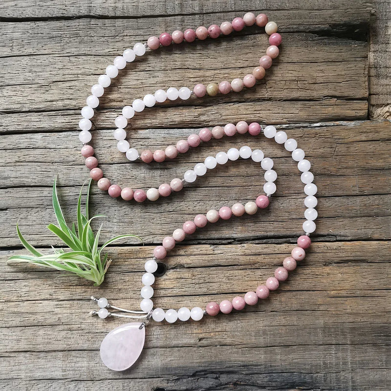 Rhodonite Stone Beads with Rose Quartz Pendant
