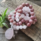 Rhodonite Stone Beads with Rose Quartz Pendant