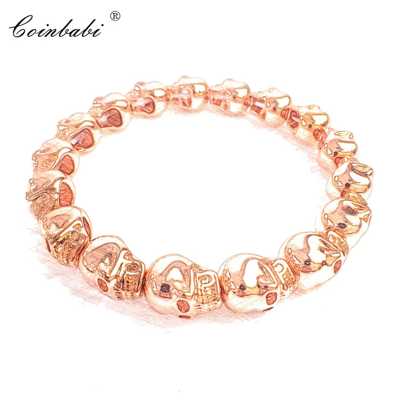 8mm Rose Skulls Bead Bracelet, Silver Punk Jewelry for Men Women