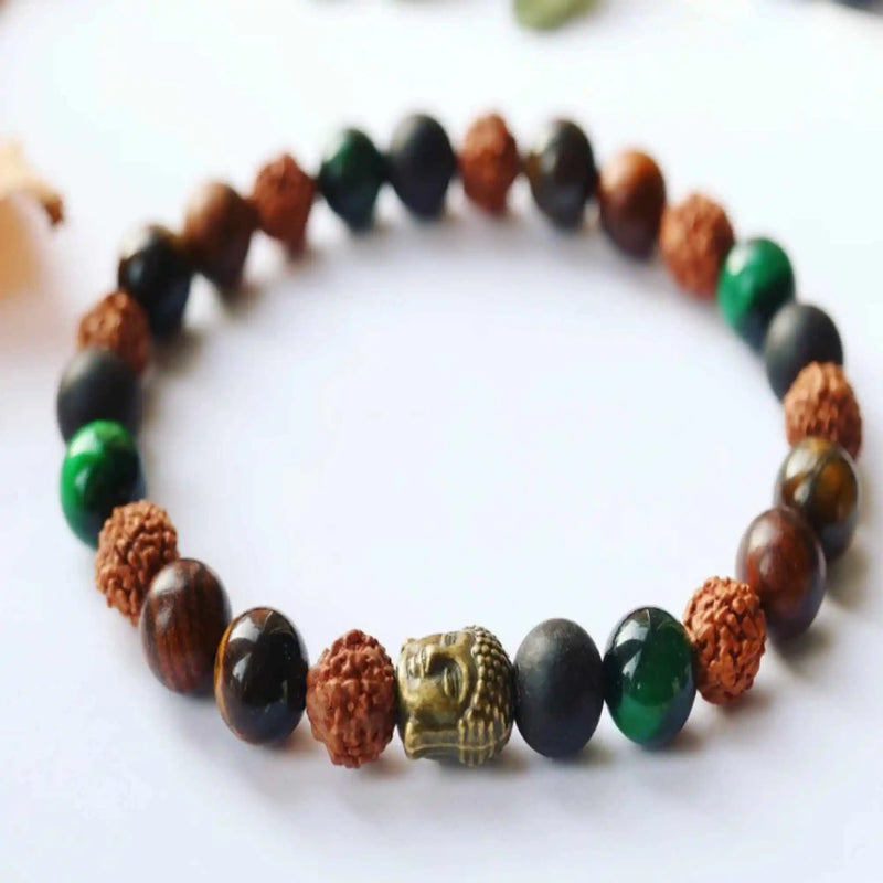 8mm Rudraksha Green Tiger's Eye Buddha Bracelet National Style