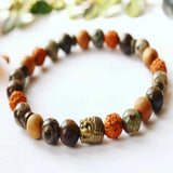 8mm Rudraksha Tibetan dzi agate Cedar Wood Bronze Buddha Bracelet