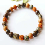8mm Rudraksha Tibetan dzi agate Cedar Wood Bronze Buddha Bracelet