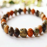 8mm Rudraksha Tibetan dzi agate Cedar Wood Bronze Buddha Bracelet