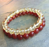 8mm Set of 2 Bracelets Red Stone Yellow Quartz Natural Stone Beaded Elastic