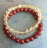 8mm Set of 2 Bracelets Red Stone Yellow Quartz Natural Stone Beaded Elastic