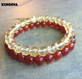 8mm Set of 2 Bracelets Red Stone Yellow Quartz Natural Stone Beaded Elastic